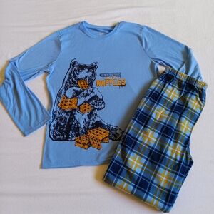 Wonder Nation Sz XL 14-16 Blue PJ Set Sleepwear Bear 'Weekends Are For Waffles'